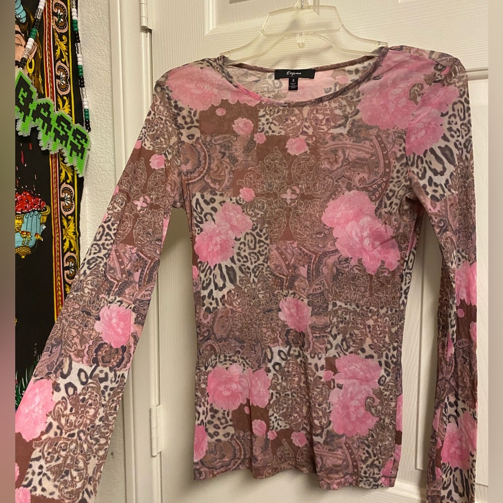 Express sheer micro mesh long sleeve pink flowers paisleys
